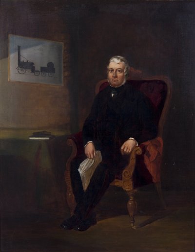 Portret van Robert Stephenson met Rocket door English School